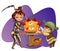 Mother with son carving Halloween pumpkin poster. Cartoon mom and little child dressed in hallows costumes of death and