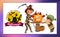 Mother with son carving Halloween pumpkin poster. Cartoon mom and little child dressed in hallows costumes of death and