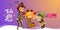 Mother with son carving Halloween pumpkin poster. Cartoon mom and little child dressed in hallows costumes of death and