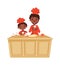 Mother and son cooking. Cakes time, bakery workshop. Isolated afroamerican kid and woman making muffins vector