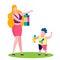 Mother and Son Drinking Juice Vector Illustration