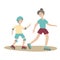 Mother and son on roller skates. Family Sports and physical activity with children, joint active recreation. Vector