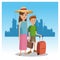 Mother and son tourist baggage hat traveler urban background