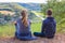 Mother and son viewing german landscape