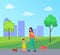 Mother and Son Walking Little Dogs Illustration
