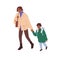 Mother and son walking. Mom holding kid by hand, bringing boy to school. Parent and child going together. Mum and