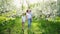 mother with sons walks in flowering garden. youngest child in her arms