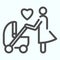 Mother with stroller line icon. Child carriage with mom vector illustration isolated on white. Parent with pram outline