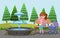 Mother take her baby and baby stroller to the park cartoon style