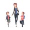 Mother Taking her Son and Daughter to the School in the Morning, Parent and Kid Walking Together Holding Hands Cartoon