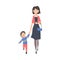 Mother Taking her Son to the School or Kindergarten in the Morning, Parent and Kid Walking Together Holding Hands