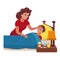 Mother taking the temperature of sick son.Vector illustration