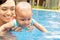 Mother teach baby to swim