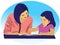 Mother Teach Her Child Flat Vector Illustrator. Mom Read Book Her child