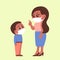 Mother teaches little son to wear a face shield during an epidemic