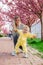 Mother teaching baby to walk surrounded by cherry blossoms