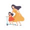 Mother Teaching Daughter to Ride Kick Scooter, Happy Family Outdoor Activities Vector Illustration