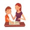 Mother Teaching Her Son, Mom Helping Boy with Homework and Explaining Lesson in Textbook, Home Schooling Cartoon Vector