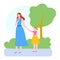 Mother time with daughter vector illustration, cartoon flat mom and kid girl characters walking, eating ice cream