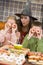 Mother and two children at Halloween playing