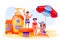 Mother and two kids use sunblock cosmetic. Summer face and body solar protection. Vector characters illustration