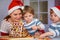 Mother and two little sons preparing a gingerbread cookie house