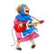 The mother using the blue veil and holding the electronic guitar with the happy face