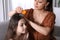 Mother using nit comb on her daughter`s hair. Anti lice treatment
