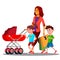 Mother Walking With A Baby Stroller Vector. Isolated Illustration