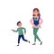 Mother walking outdoor with her children. Newborn kid in baby carrier, little boy walking near. Active lifestyle. Flat