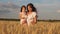 Mother walks with the baby in the field hold spikelets with wheat in hand. Mom and little daughter walk on a field of