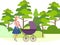 Mother walks in the forest with a baby carriage. Can use for web banner, infographics, hero images. In minimalist style