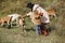 Mother walks with little daughter near a herd of goats in autumn