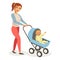 Mother walks with son in blue baby carriage isolated illustration