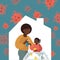 Mother washes the girl`s hands with liquid soap. Vector illustration African american mom and daughter. Wash your hands and be