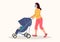 Mother wearing medical mask pushing her child in the stroller