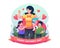 Mother is wearing a superhero cape and holding a baby. Supermom celebrates mother`s day with her kids vector illustration