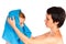 Mother wipes head to his son after bathing