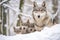 Mother wolf and wolf cubs in winter snow. Generative AI