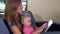 Mother woman teaching toddler girl using tablet computer