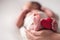 Mothercare newborn concept. Mother holding baby feet and heart