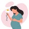 Motherhood and childbirth concept. Beautiful pregnant woman holding a flower in her hands. Flat style vector illustration