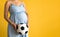 Motherhood, femininity, football, sport, dairy, hot summer. banner pregnant young pretty woman in floral blue dress