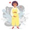 Motherhood. Happy dark-skinned pregnant woman in yellow overalls pants hugs her belly with her hands. Vector. Flat design