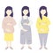 Motherhood. Vector set Happy pregnant woman tenderly hugs her belly with hands in different clothes for pregnant women - jumpsuit