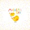 Mothers Day. Cute cartoon birds mom and baby with lettering phrase with confetti in a colorful palette. Vector childish