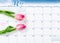 Mothers Day holiday date marked on calendar with pink tulips