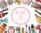 Mothers day poster with cosmetics. Eyelashes, lipstick and perfume, powder and makeup brush. Nail polish, foundation