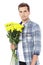 Mothers day. Smiling handsome man with yellow bouquet of flowers isolated on white. Copy space and mock up