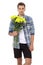 Mothers day. Smiling handsome man with yellow bouquet of flowers isolated on white. Copy space and mock up